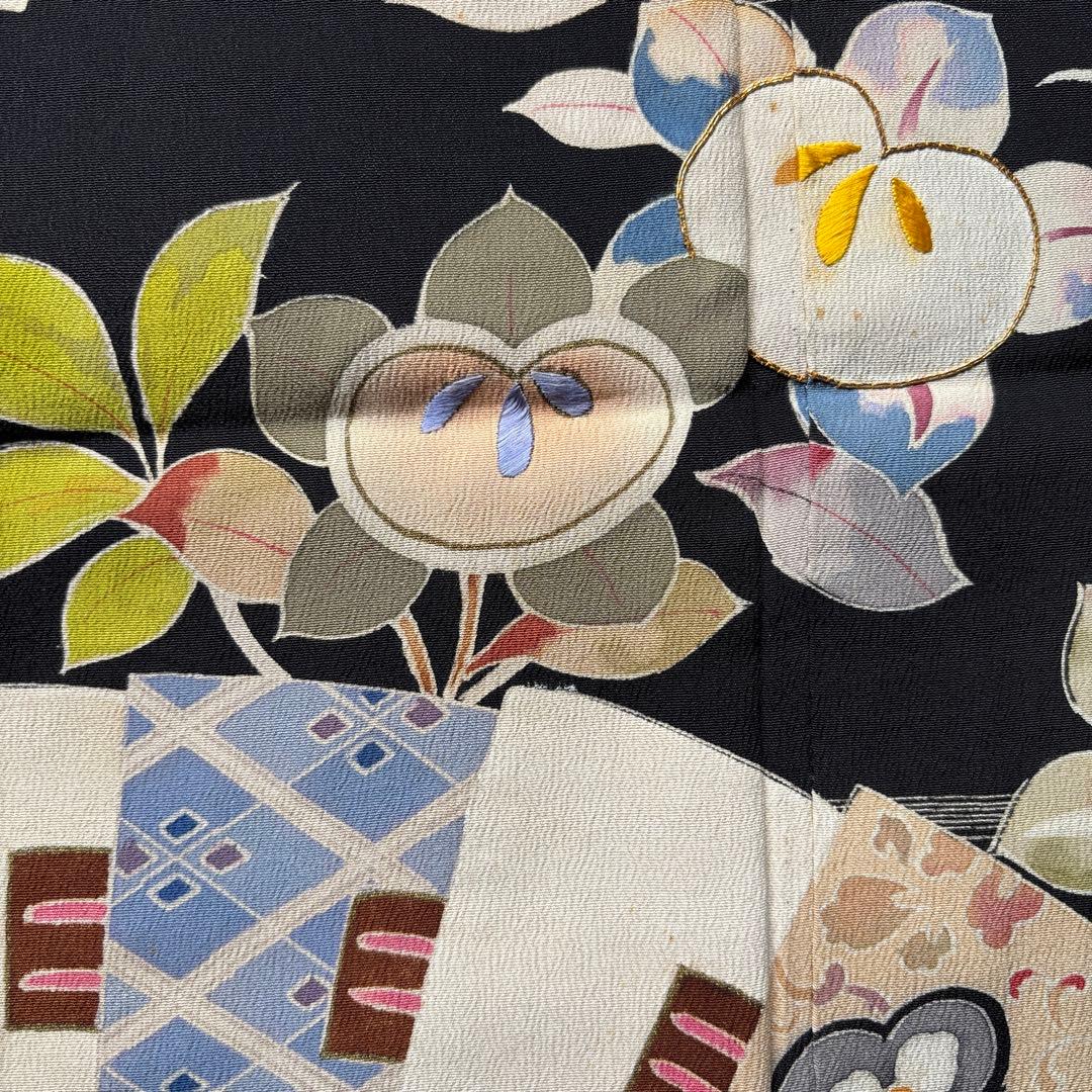 アンティーク振袖華やか貝合わせ扇面牡丹・菊　金コマ・刺繍 正絹材料
