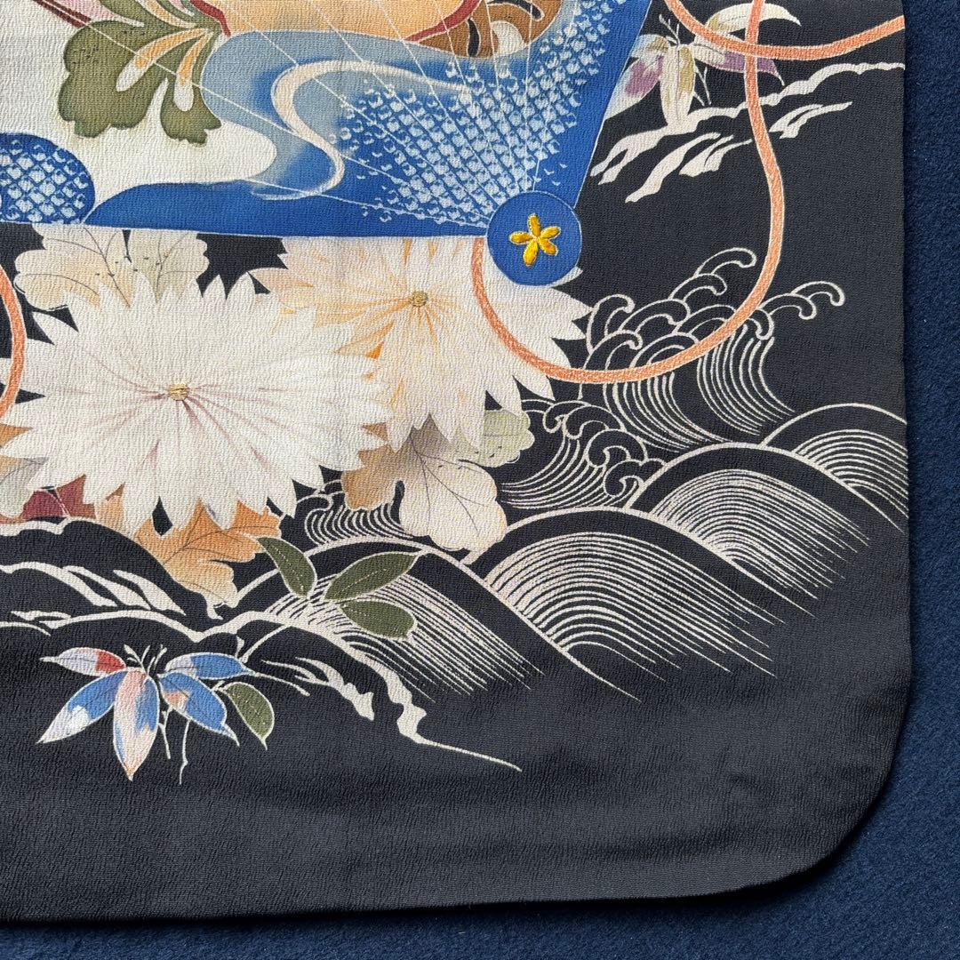 アンティーク振袖華やか貝合わせ扇面牡丹・菊　金コマ・刺繍 正絹材料