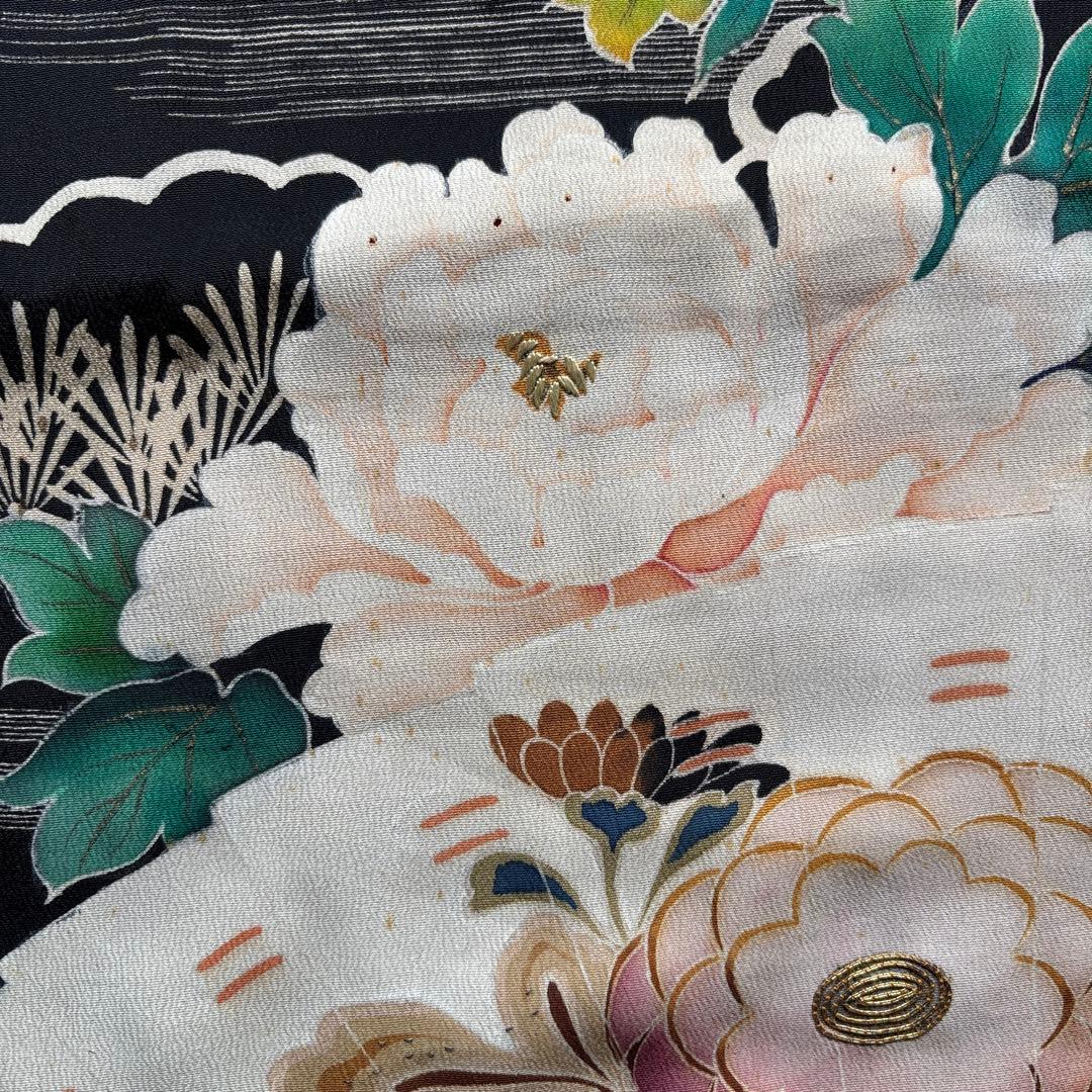 アンティーク振袖華やか貝合わせ扇面牡丹・菊　金コマ・刺繍 正絹材料