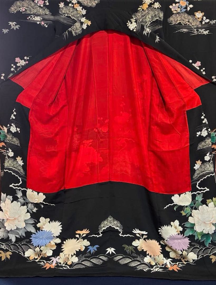アンティーク振袖華やか貝合わせ扇面牡丹・菊　金コマ・刺繍 正絹材料