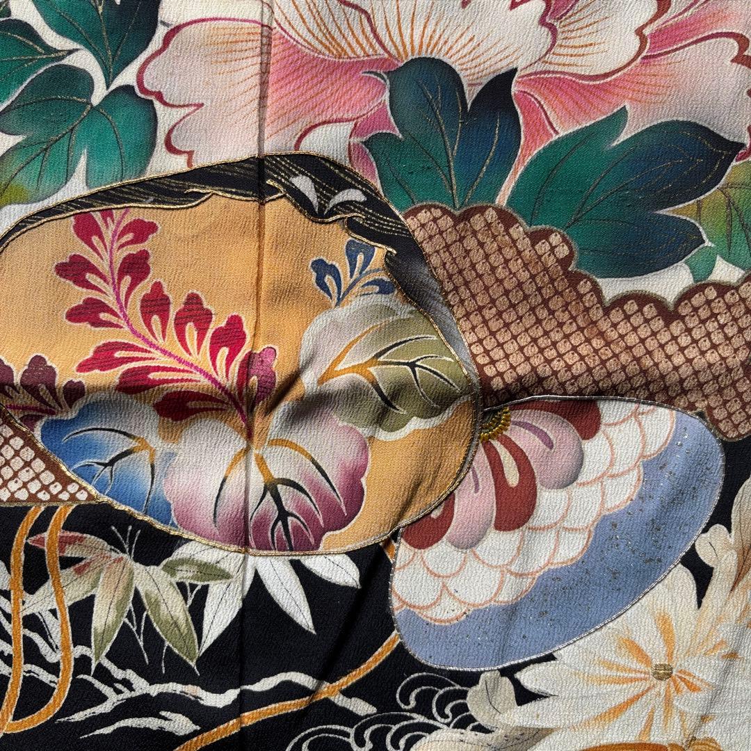 アンティーク振袖華やか貝合わせ扇面牡丹・菊　金コマ・刺繍 正絹材料