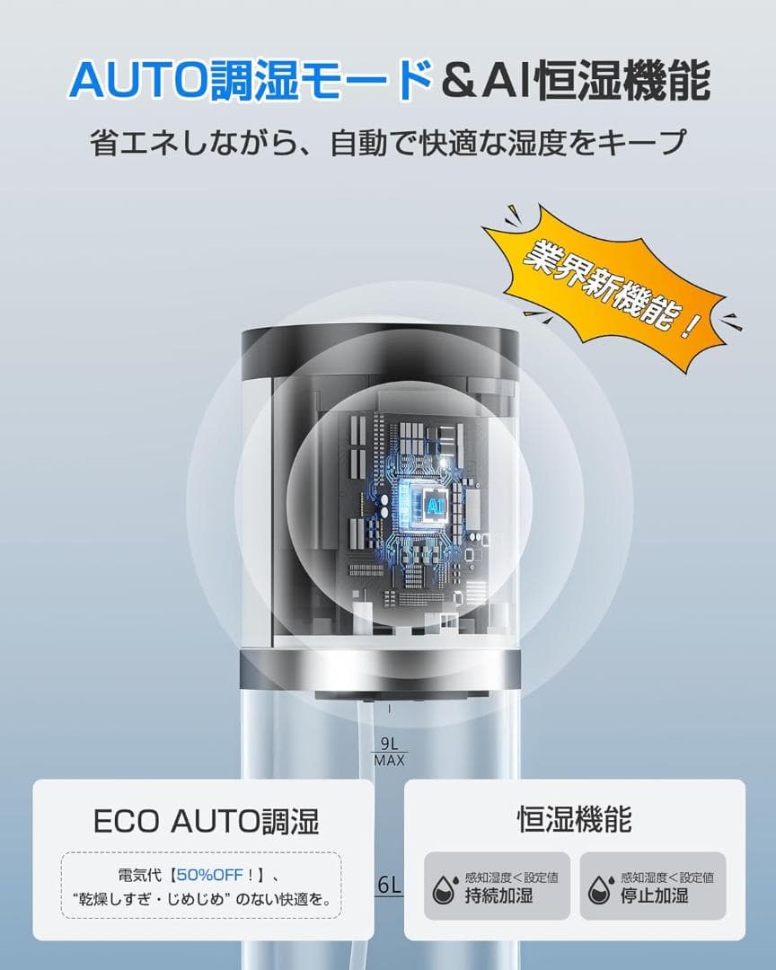 2025新技術採用 5重除菌浄化&AI知能調湿 加湿器 大容量 9L アロマ対応