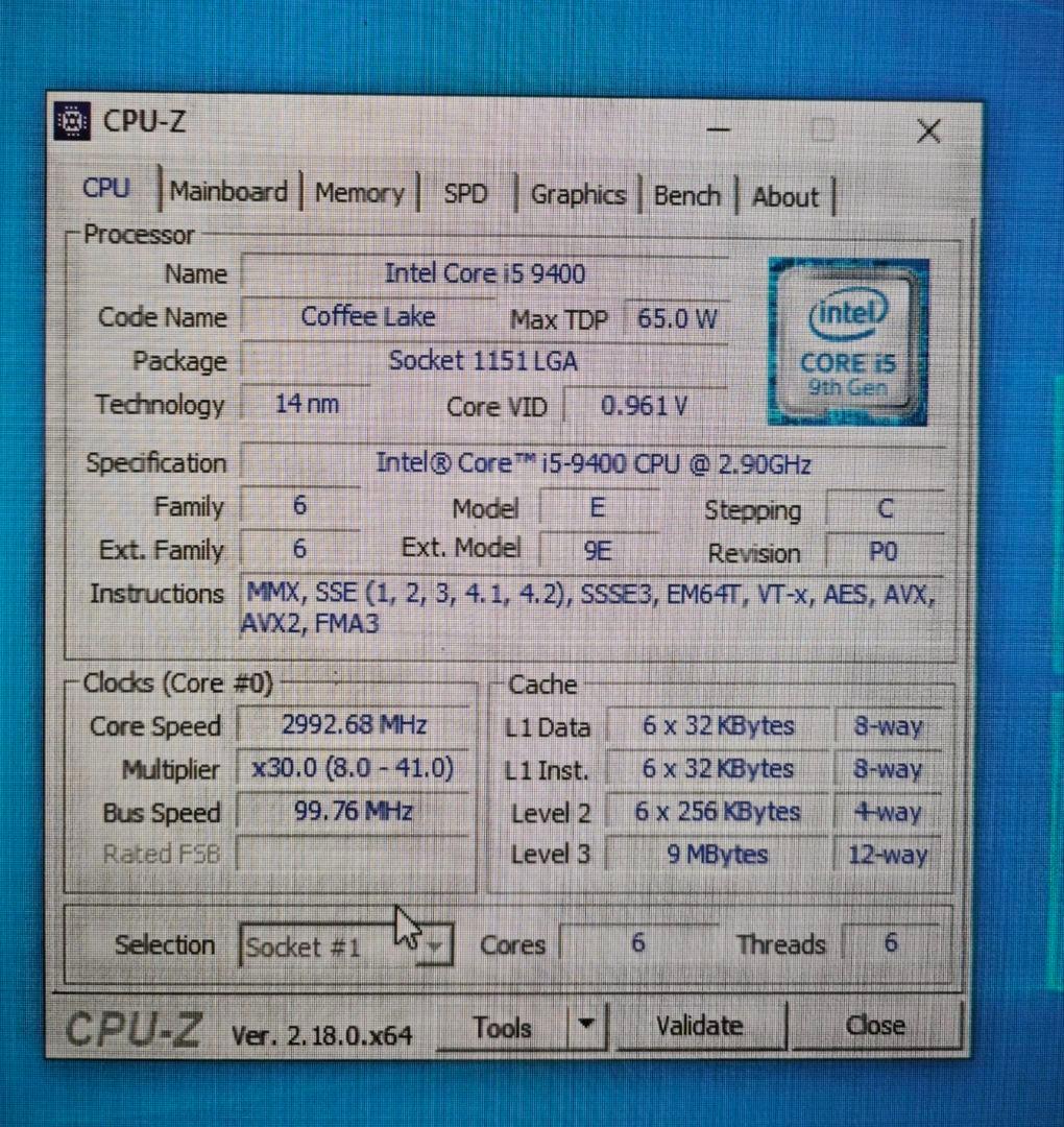 Intel Core i5-9400 CPU LGA 1151 動作確認済み