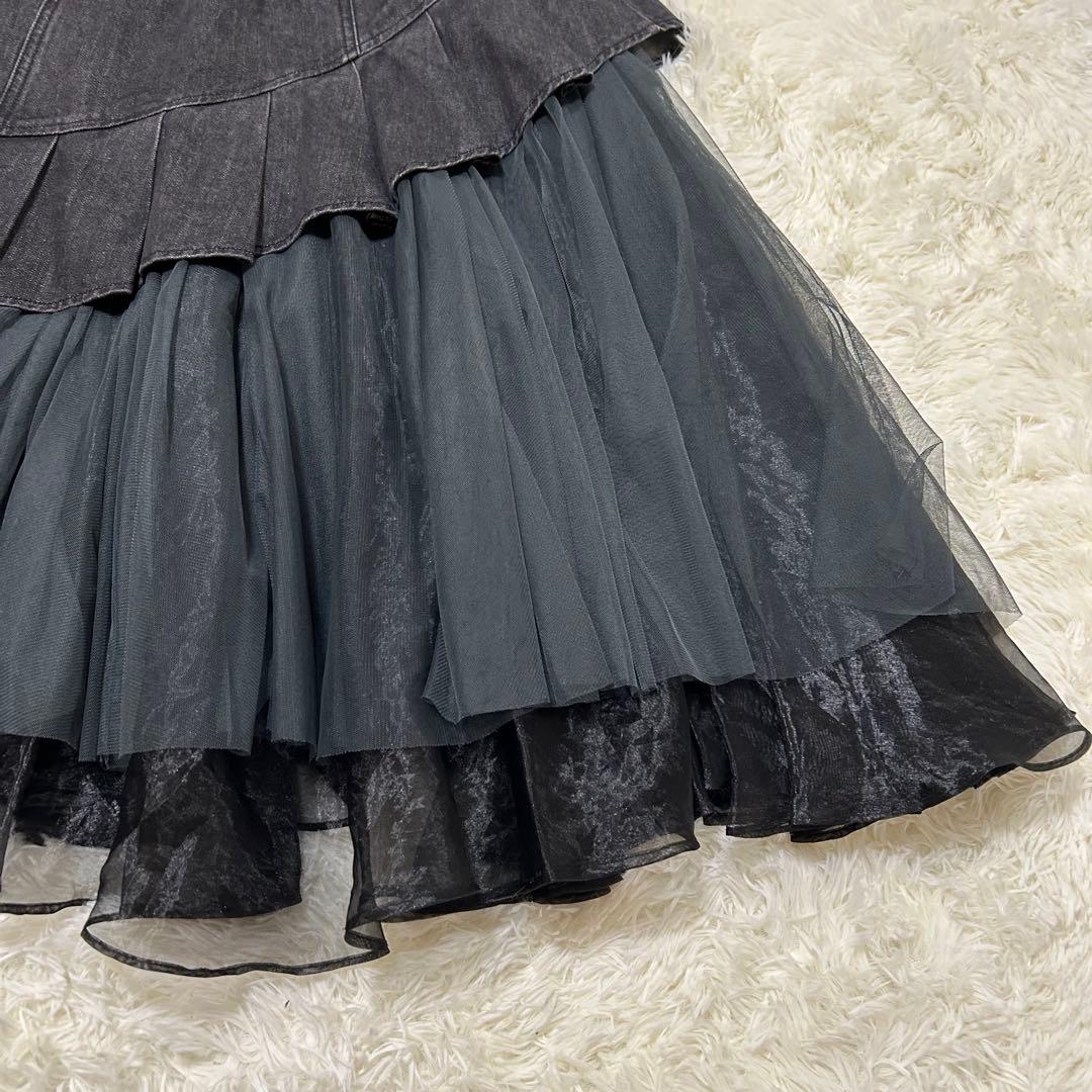 ラベルエチュード タックフリルボリュームチュールデニムスカート ブラック