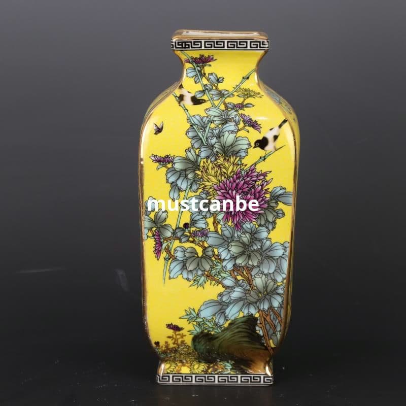 清乾隆蒔金琺瑯彩花鳥紋黄四方賞瓶 景徳鎮 陶磁器 装飾品 現代工芸品美術品 置物