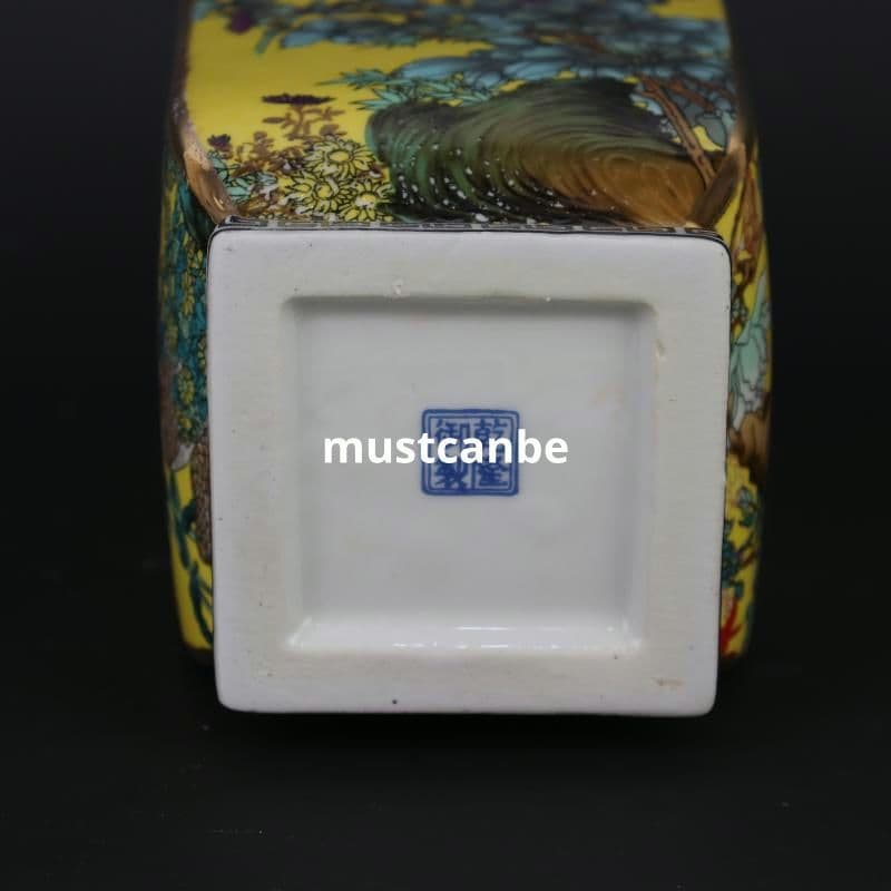 清乾隆蒔金琺瑯彩花鳥紋黄四方賞瓶 景徳鎮 陶磁器 装飾品 現代工芸品美術品 置物
