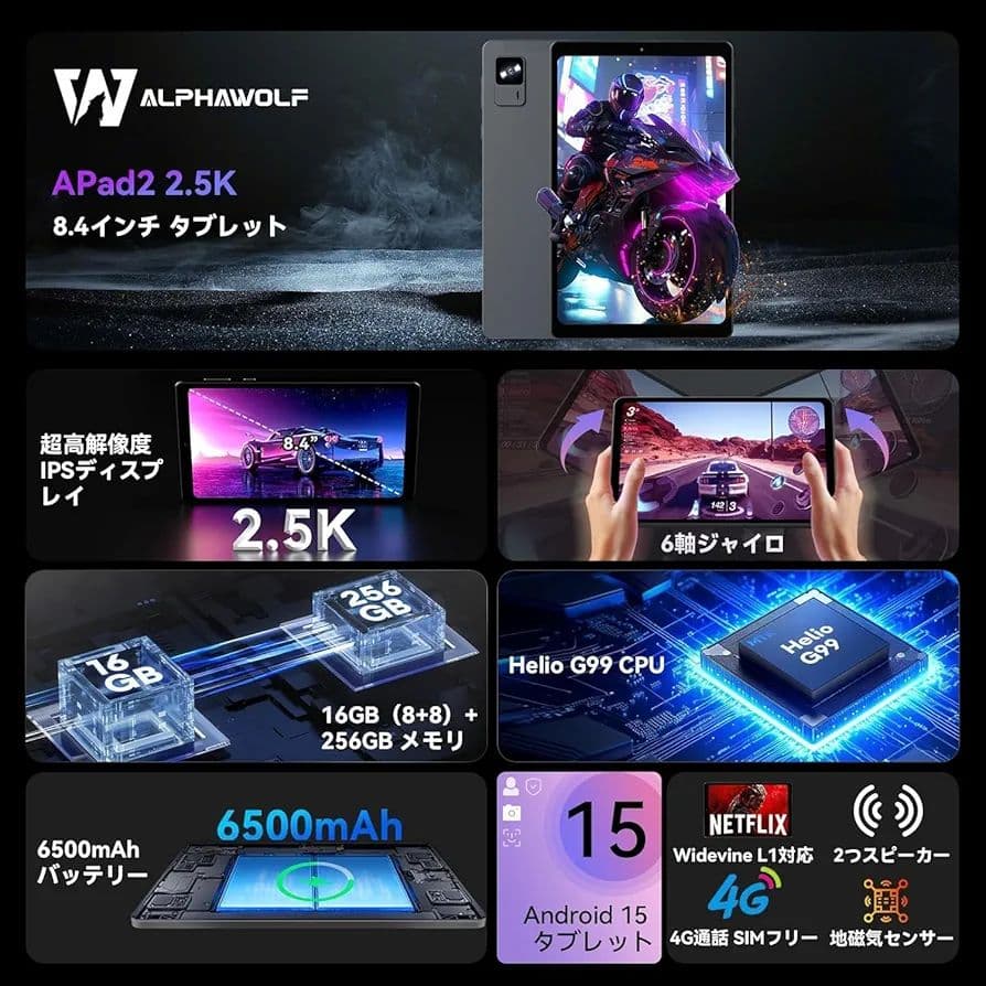 Alphawolf APad2タブレット8インチ 16GB+256GBシムフリー