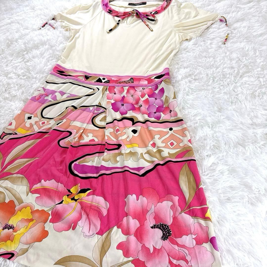 レオナール 花柄ワンピース カンカン素材 総柄 リボン ピンク L Aライン