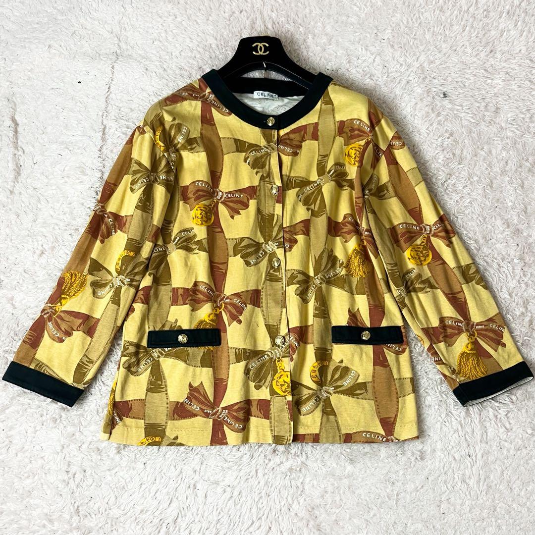 セリーヌ カーディガン スカーフ柄 総柄 金ボタン ロゴ トリオンフ M