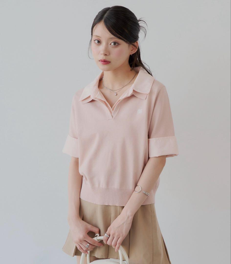【web限定】chico 刺繍入り襟付きポロニット　ピンク