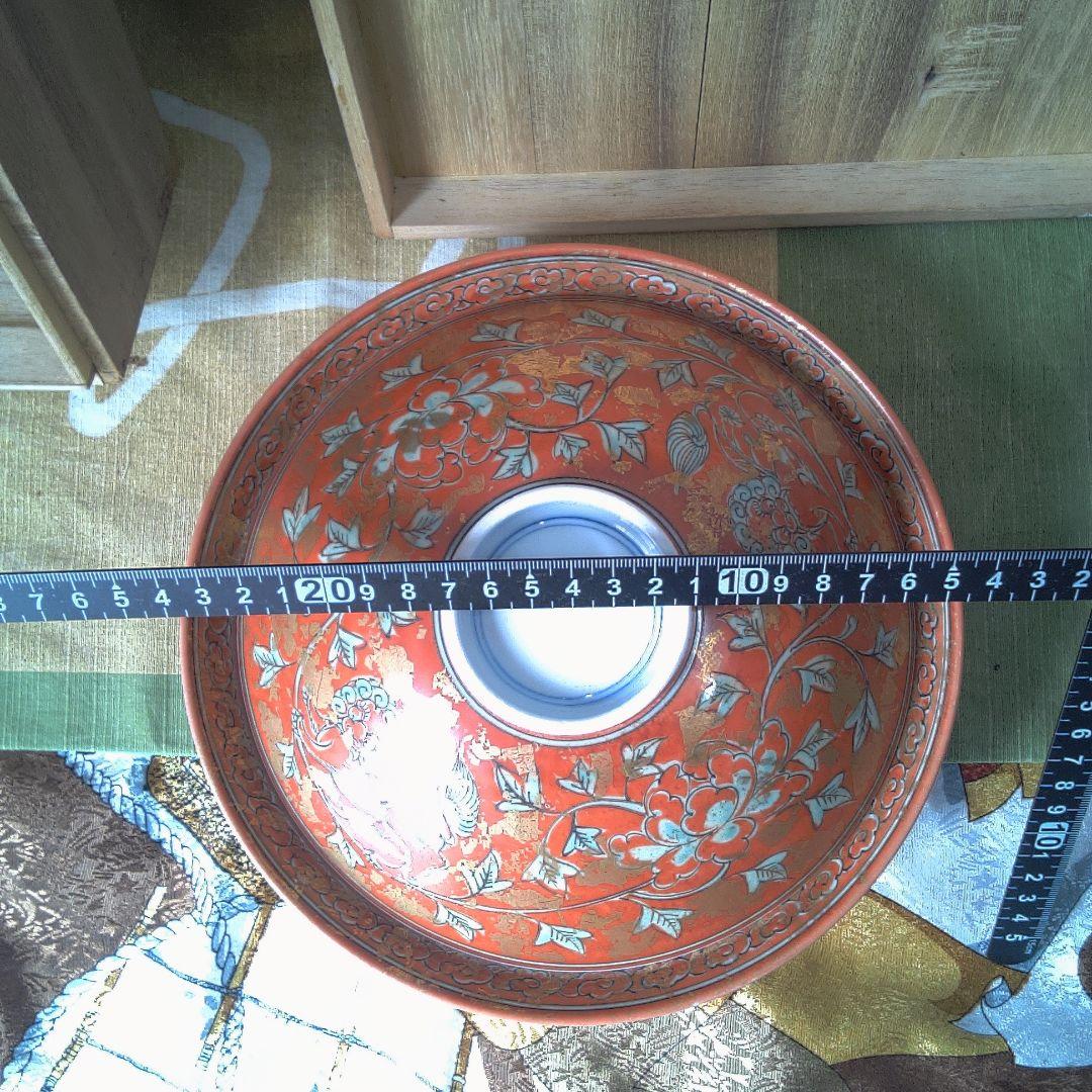 オレンジ色の花柄茶碗 木箱付き 骨董 美術 アンティーク