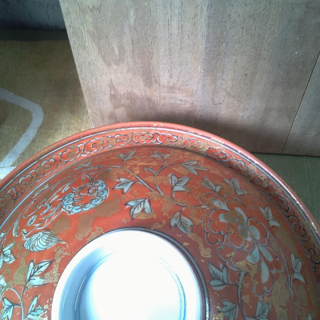 オレンジ色の花柄茶碗 木箱付き 骨董 美術 アンティーク