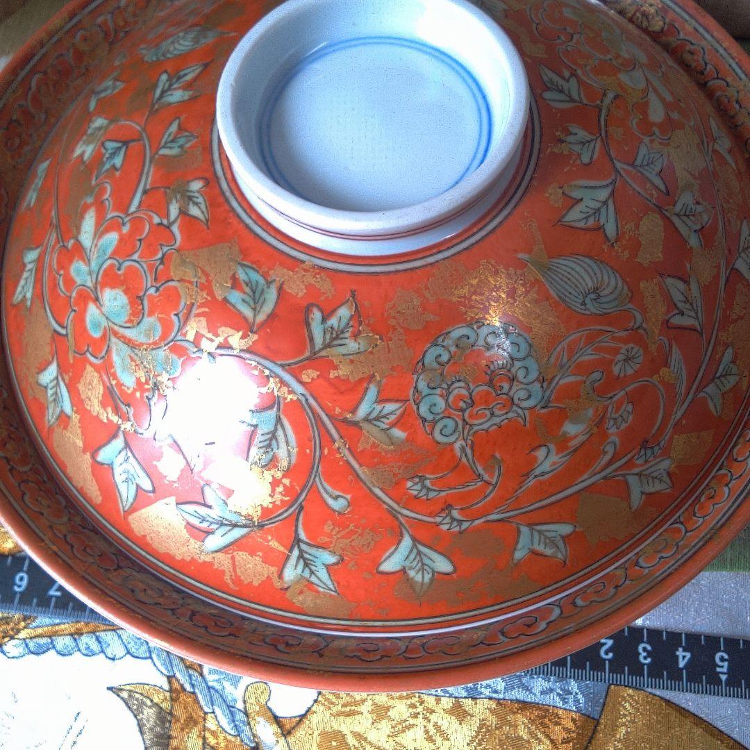 オレンジ色の花柄茶碗 木箱付き 骨董 美術 アンティーク