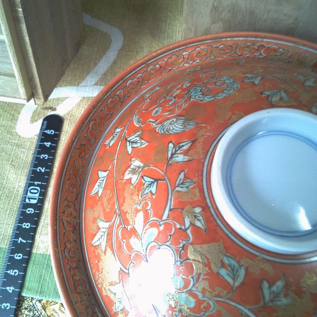 オレンジ色の花柄茶碗 木箱付き 骨董 美術 アンティーク