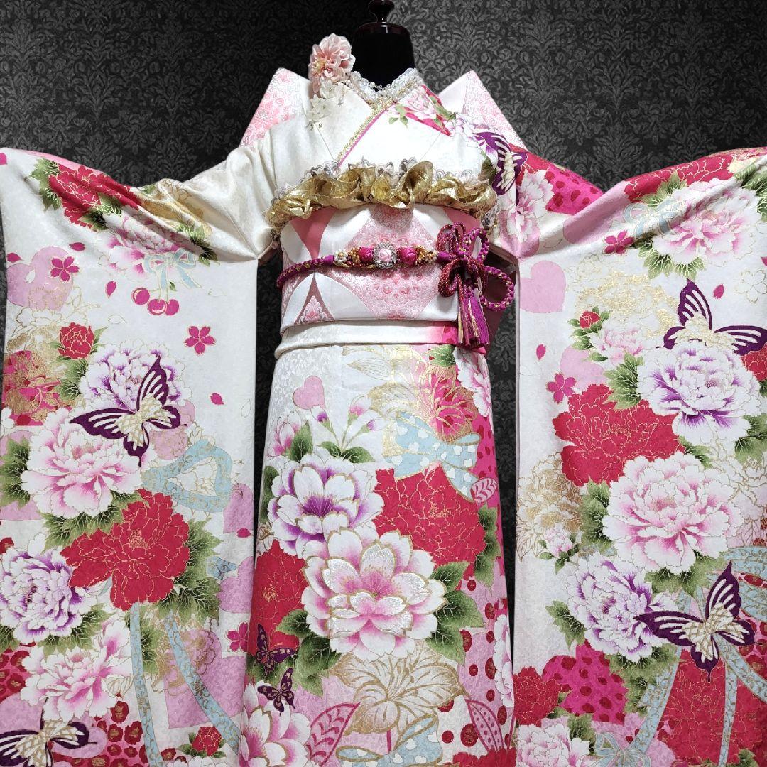 SALE中☆振袖フルセット(8点)成人式・大輪牡丹柄・金彩加工・金通し・豪華刺繍