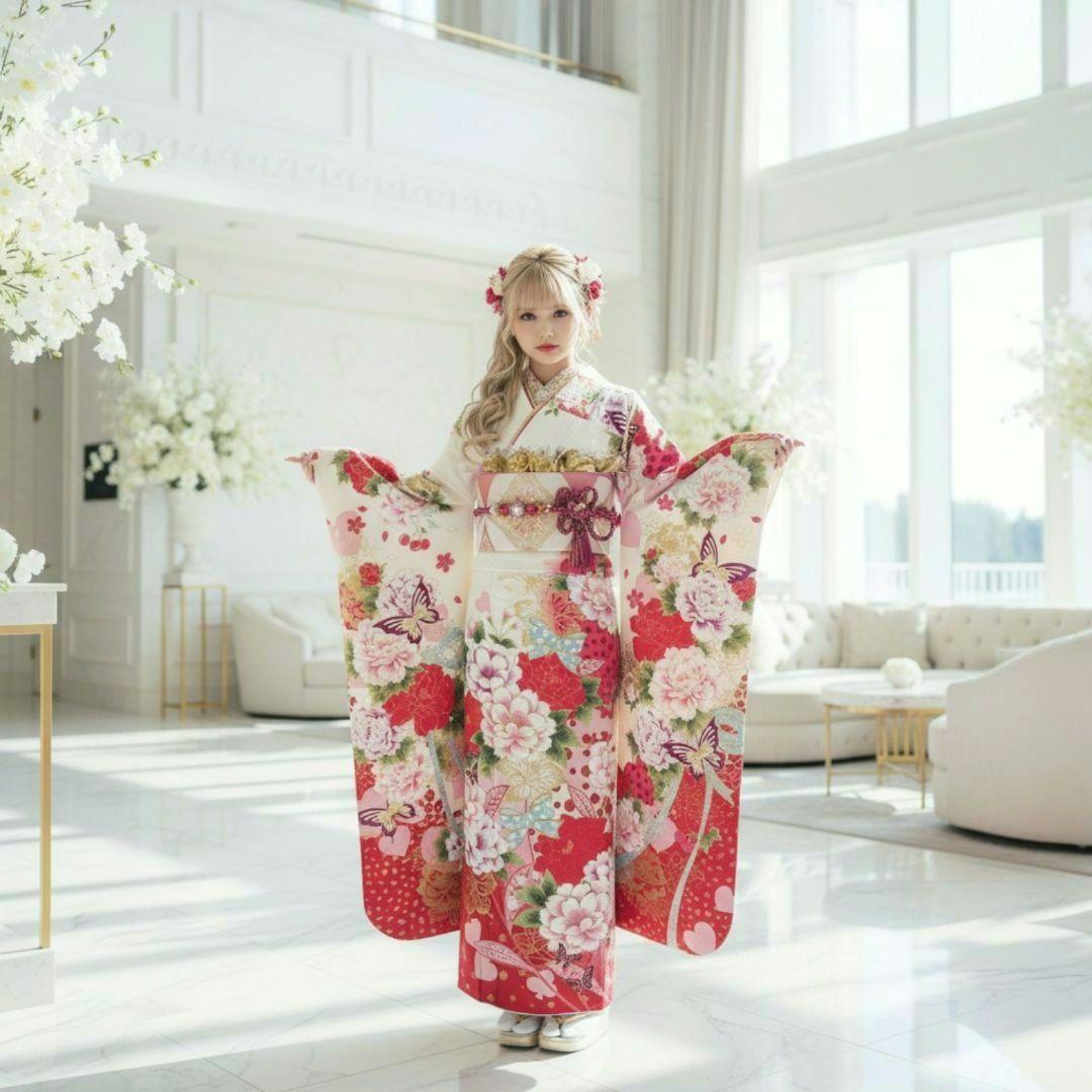 SALE中☆振袖フルセット(8点)成人式・大輪牡丹柄・金彩加工・金通し・豪華刺繍