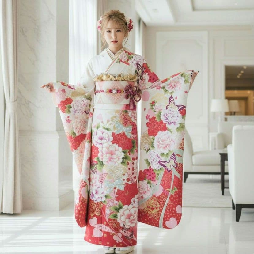 SALE中☆振袖フルセット(8点)成人式・大輪牡丹柄・金彩加工・金通し・豪華刺繍