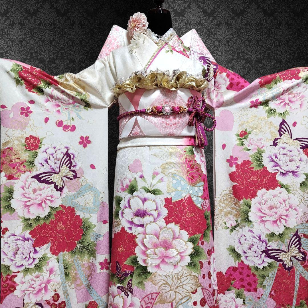 SALE中☆振袖フルセット(8点)成人式・大輪牡丹柄・金彩加工・金通し・豪華刺繍