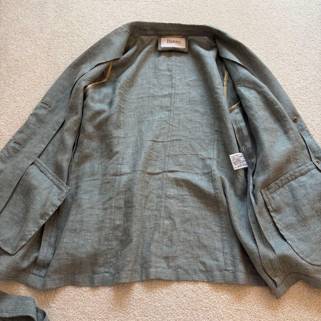 HERNO シルク混リネンジャケット 46 共布ベルト　ブルー系 イタリア製
