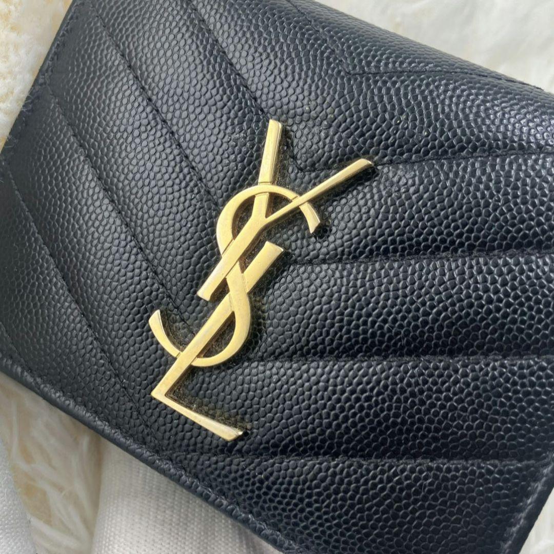 極美品✨サンローラン 二つ折り財布 キルティング Vステッチ レザー 黒