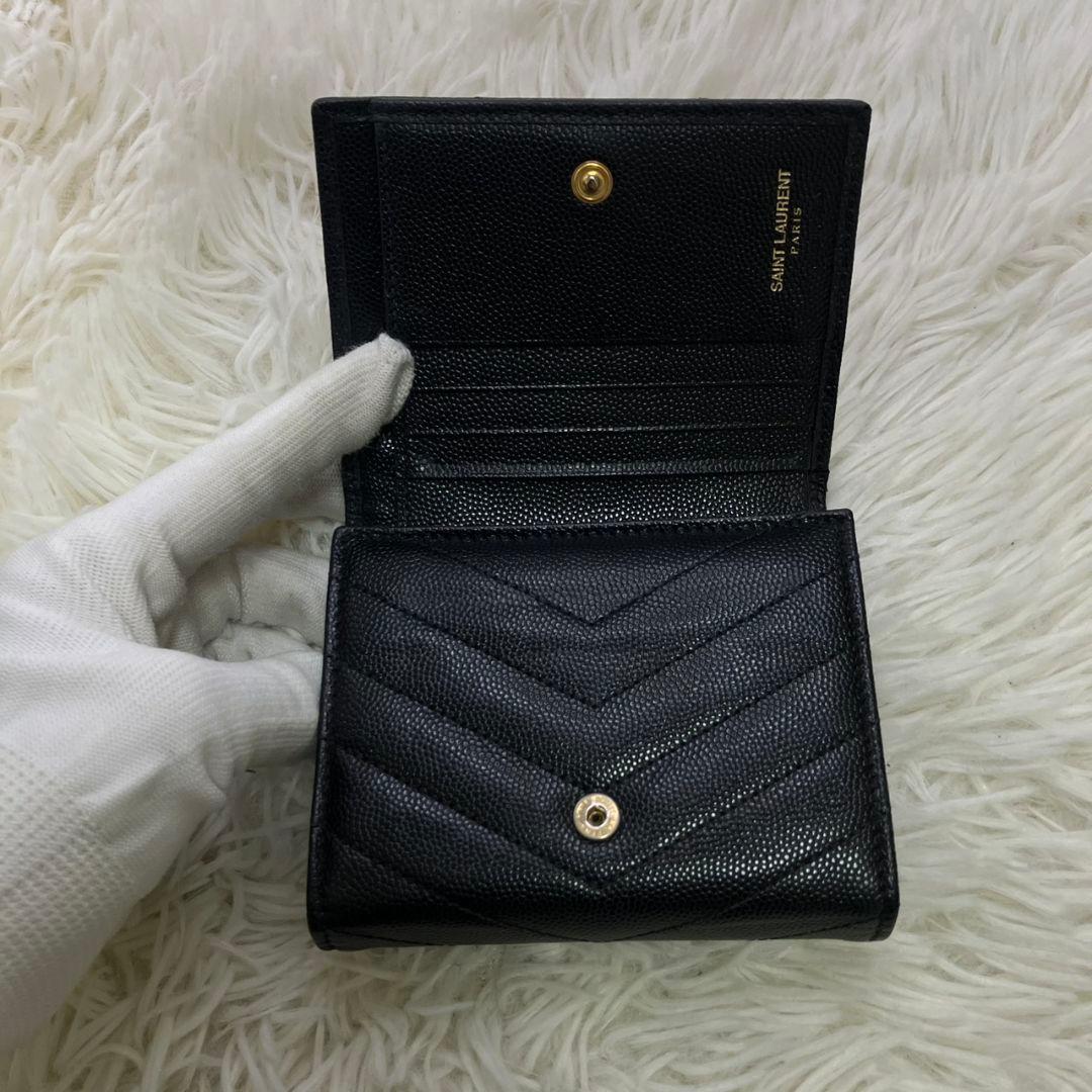 極美品✨サンローラン 二つ折り財布 キルティング Vステッチ レザー 黒