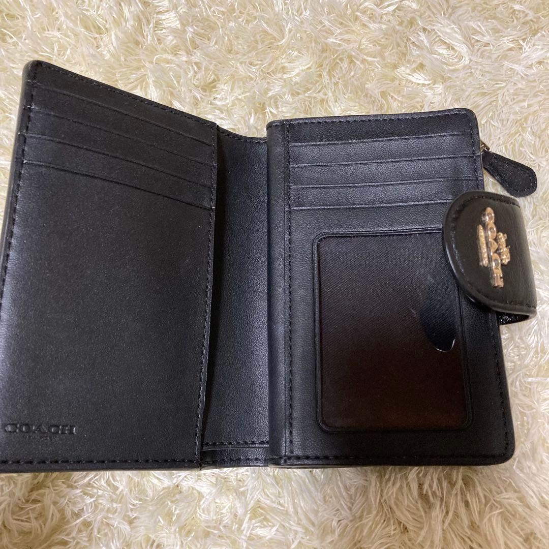 【良品】コーチ 二つ折り財布 黒 ブラック キルティングレザー ロゴ金具