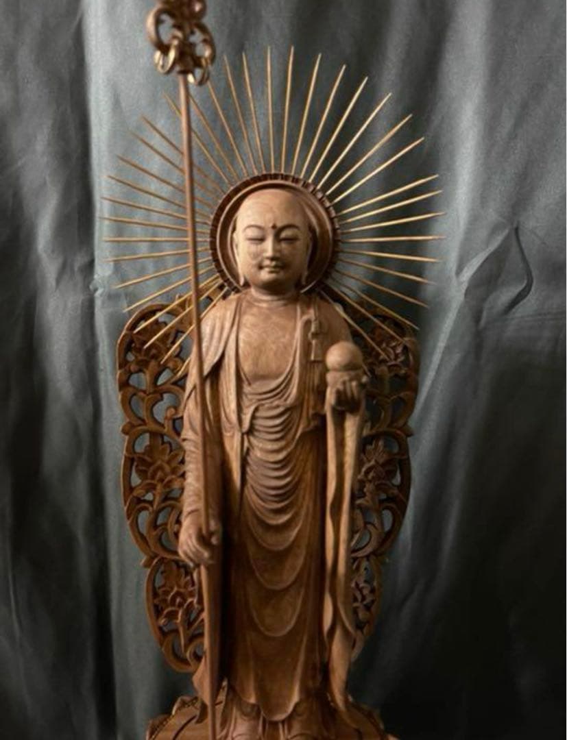 大型高46cm 井波彫刻　仏教工芸品　楠材製　極上彫　木彫仏像　地蔵菩薩立像