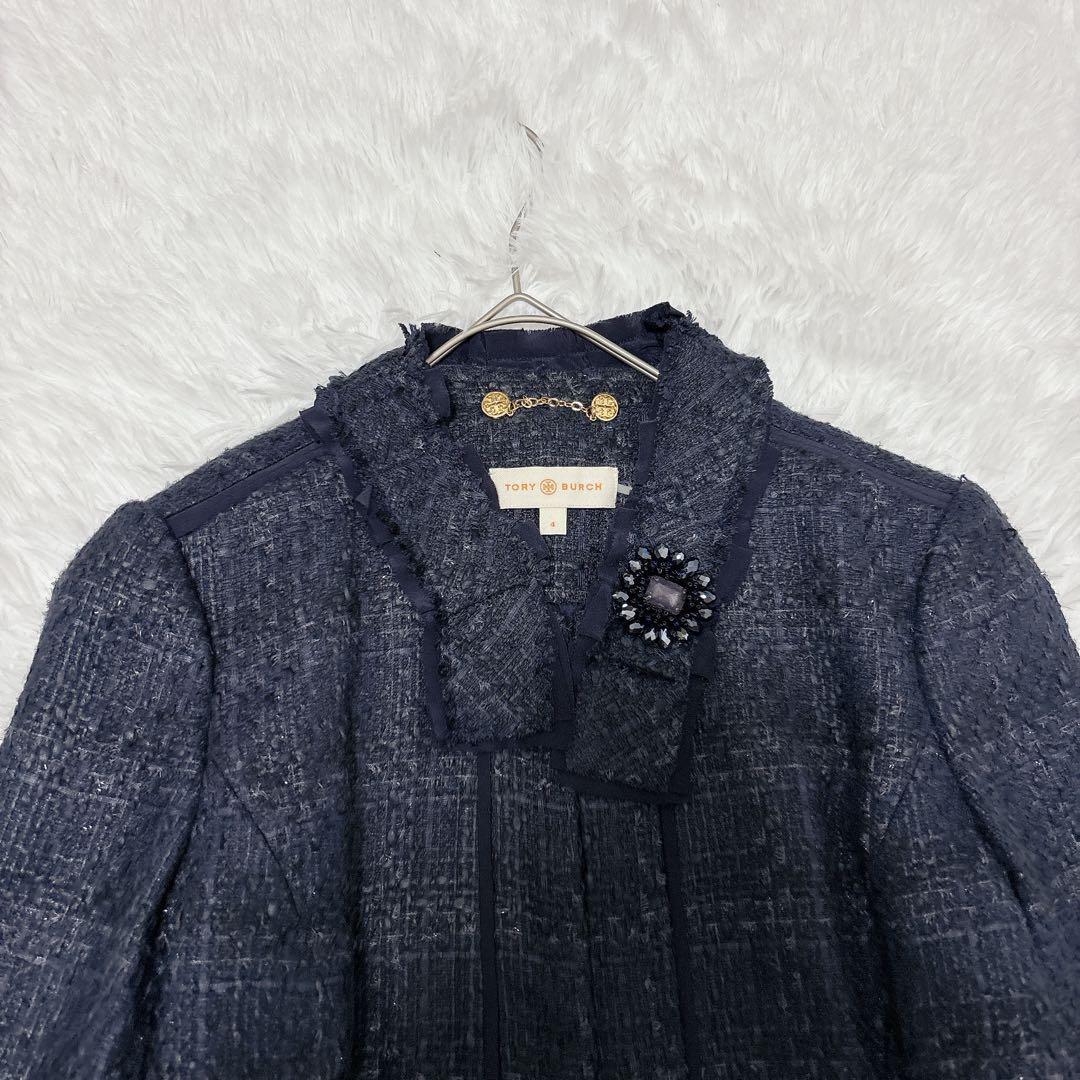 ✨美品✨トリーバーチ　ツイードコート　ロングコート　コサージュ　ネイビー　M