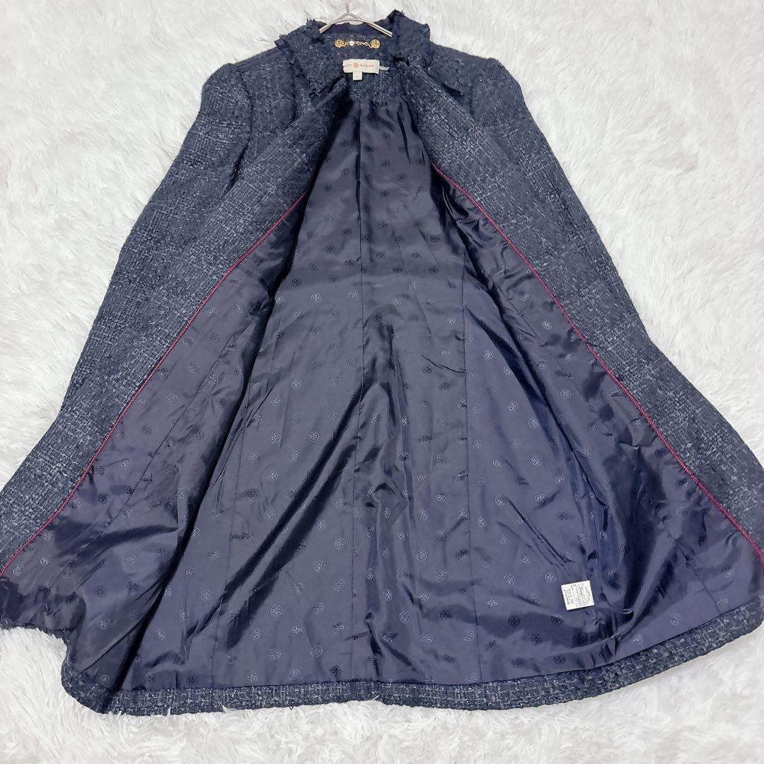 ✨美品✨トリーバーチ　ツイードコート　ロングコート　コサージュ　ネイビー　M