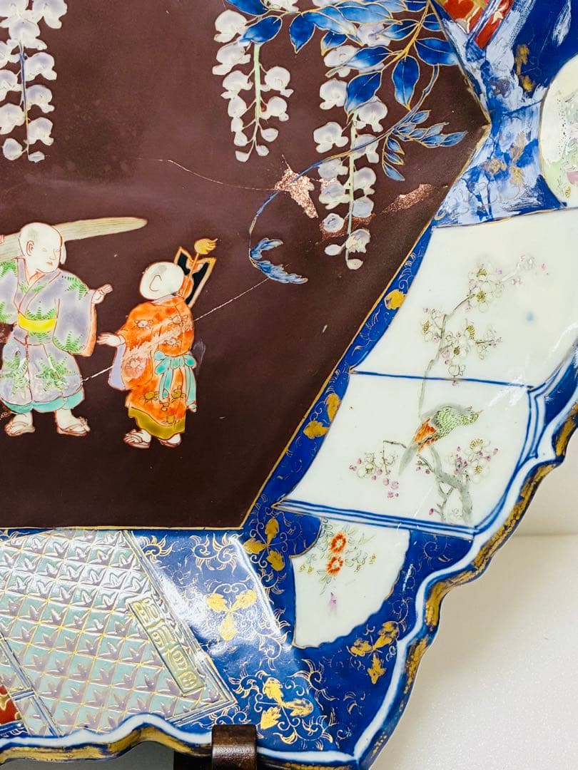 最終価格 値下げ❌明治初期 香蘭社 色絵褐地藤絵人物文 ブラックホーソン六角大皿