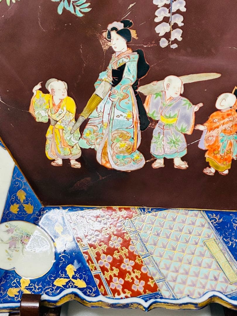 最終価格 値下げ❌明治初期 香蘭社 色絵褐地藤絵人物文 ブラックホーソン六角大皿