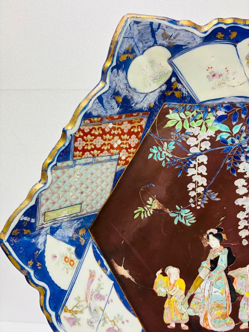 最終価格 値下げ❌明治初期 香蘭社 色絵褐地藤絵人物文 ブラックホーソン六角大皿