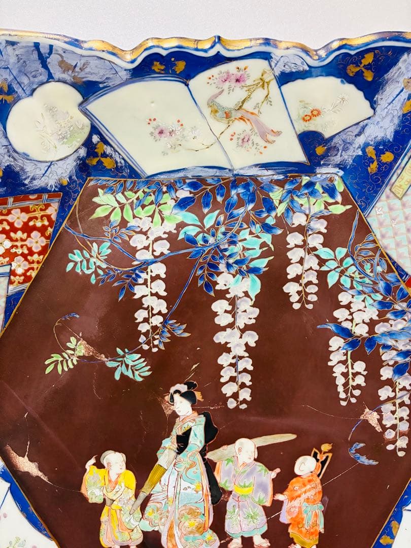 最終価格 値下げ❌明治初期 香蘭社 色絵褐地藤絵人物文 ブラックホーソン六角大皿