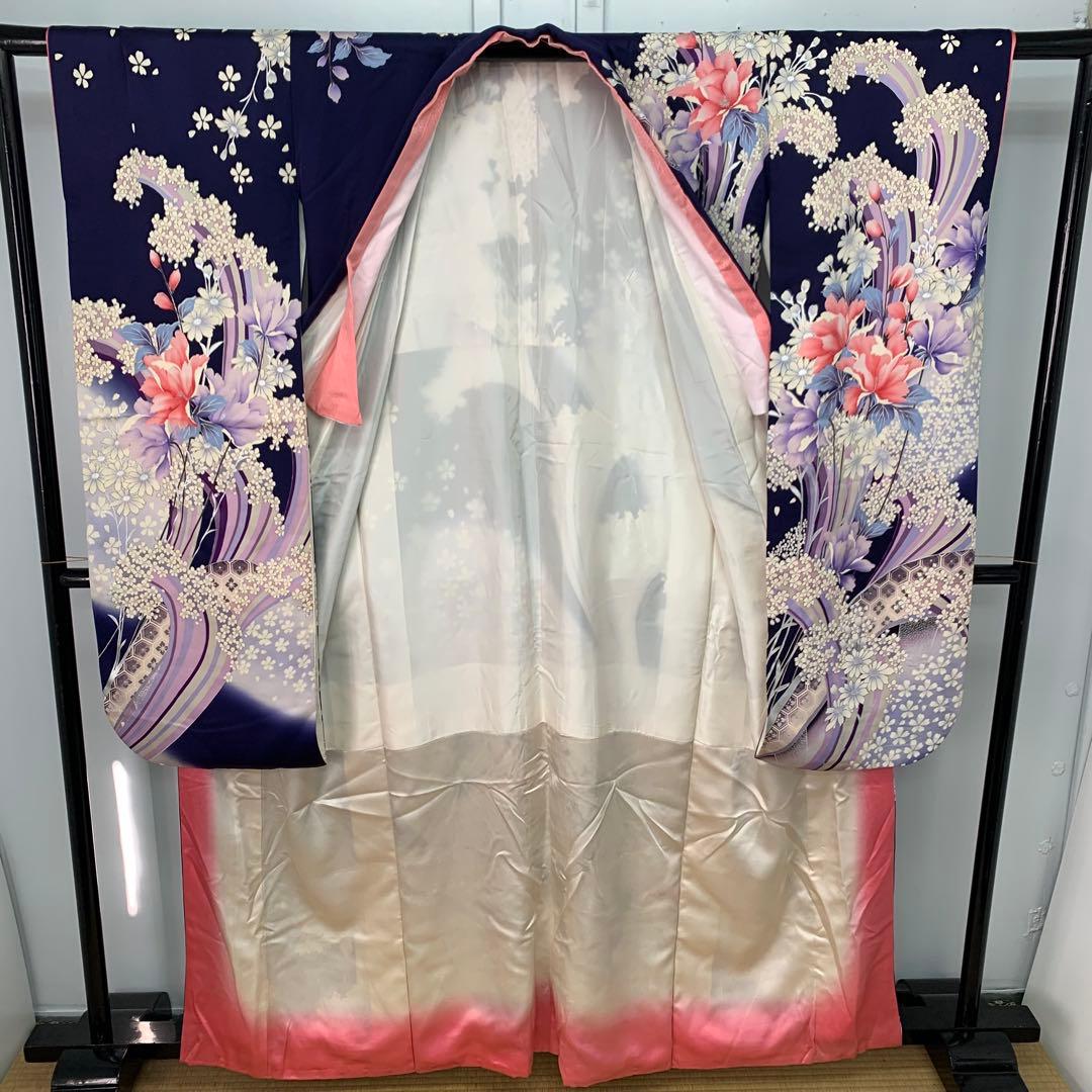 D08 正絹 振袖 三松 kimonossimo 華模様 紫系