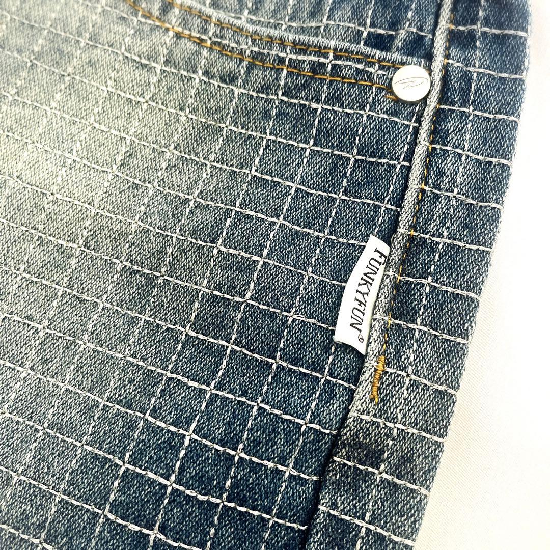 URBAN EDGE チェック ストレートワイドデニムパンツ ステッチ　L
