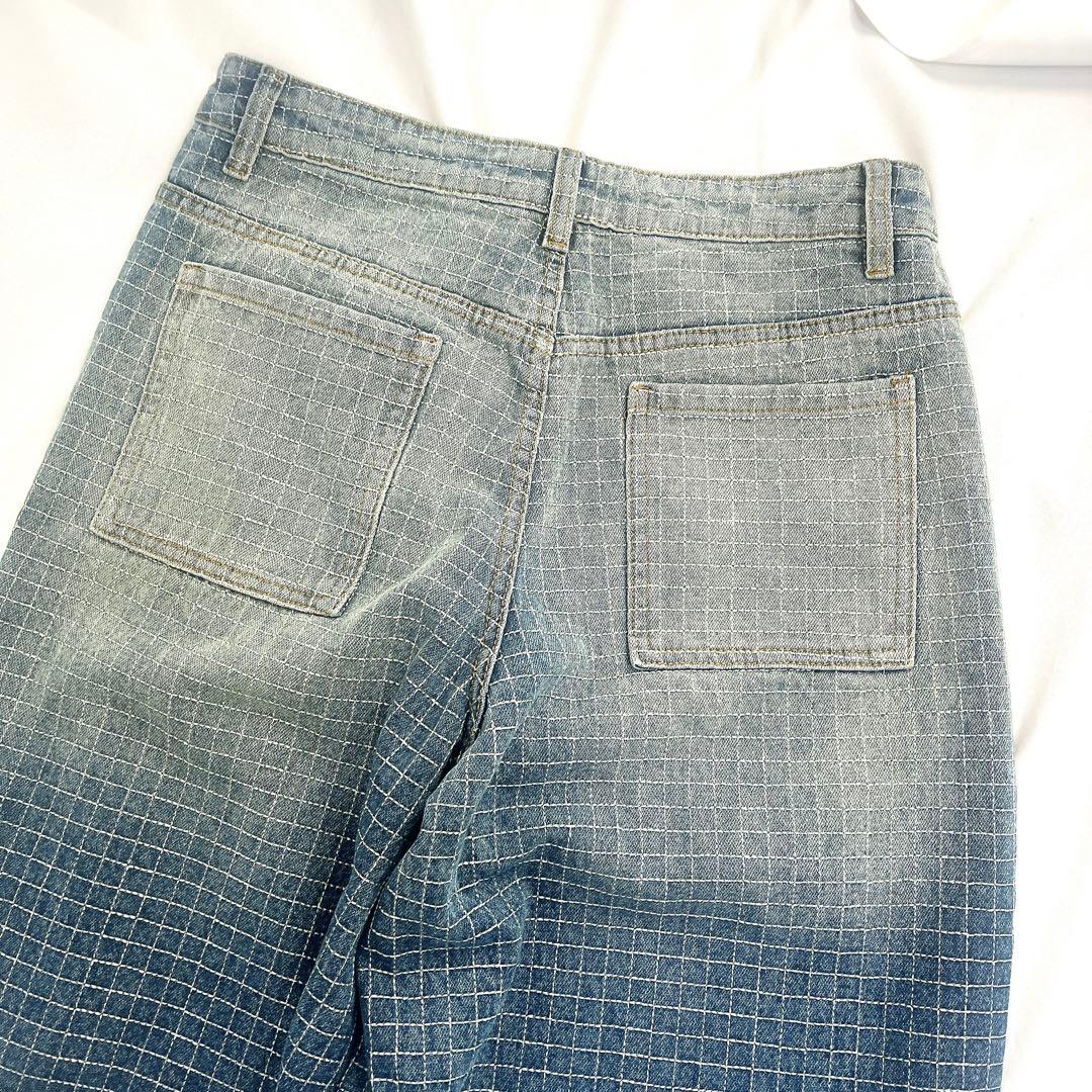 URBAN EDGE チェック ストレートワイドデニムパンツ ステッチ　L