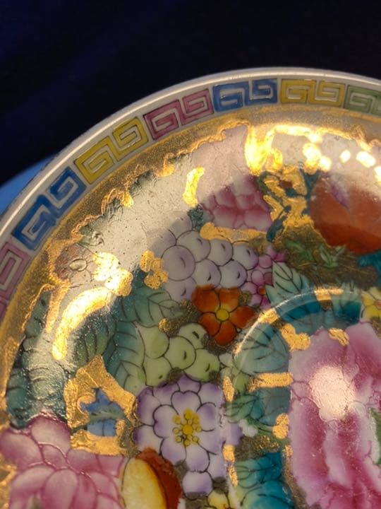 中国古美術品、牡丹花紋描金皿二枚、