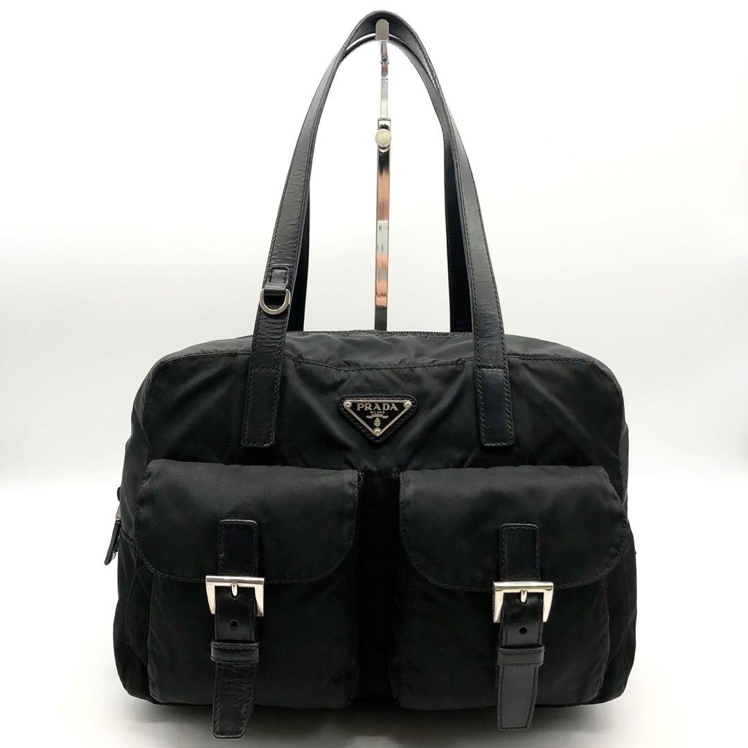 ✨美品✨プラダ ボストンバッグ 三角ロゴ シルバー金具 ナイロン レザー 黒