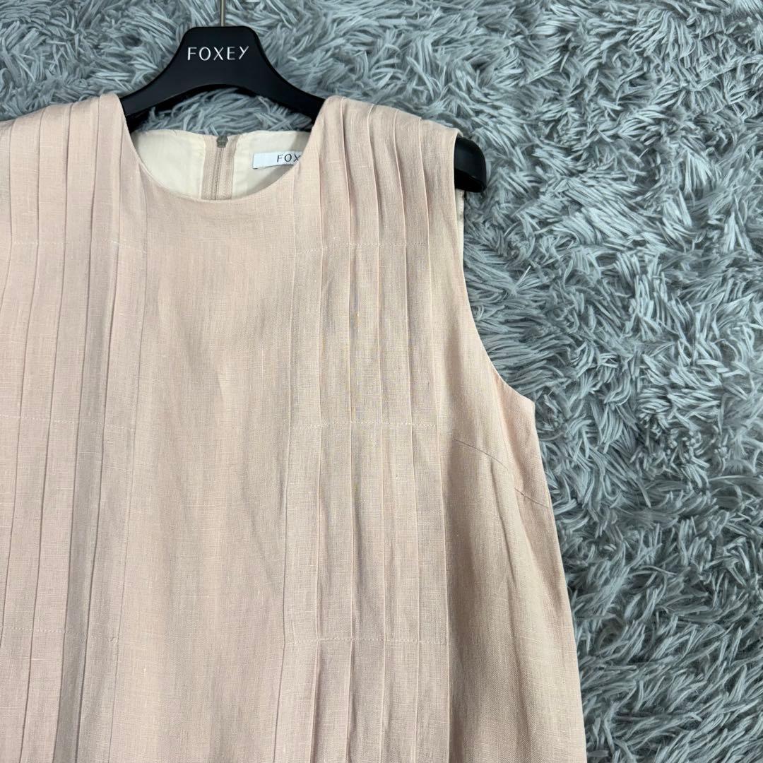 美品✨フォクシー リネンタックワンピース ふんわりAライン ピンクベージュ 38