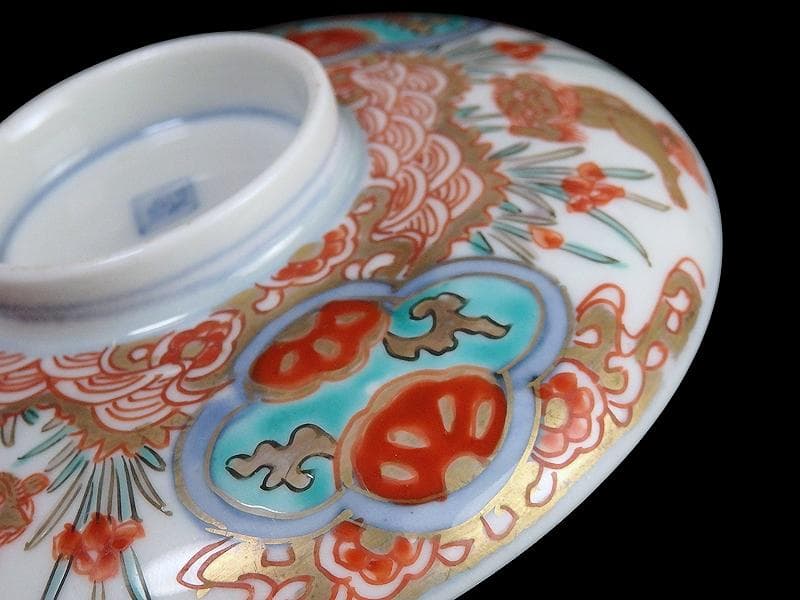 古伊万里　金襴手　青海波に菖蒲　獅子の図　蓋茶碗　E808AS-DCp