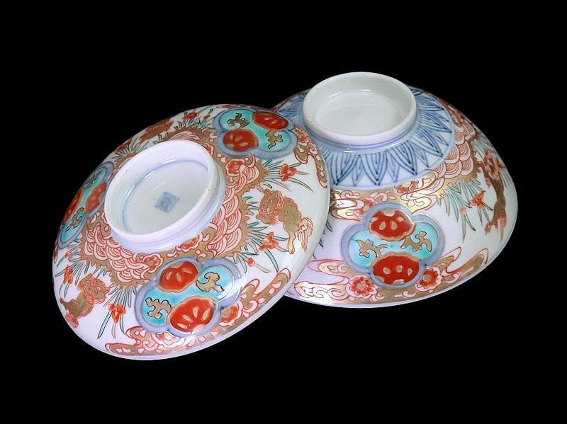 古伊万里　金襴手　青海波に菖蒲　獅子の図　蓋茶碗　E808AS-DCp