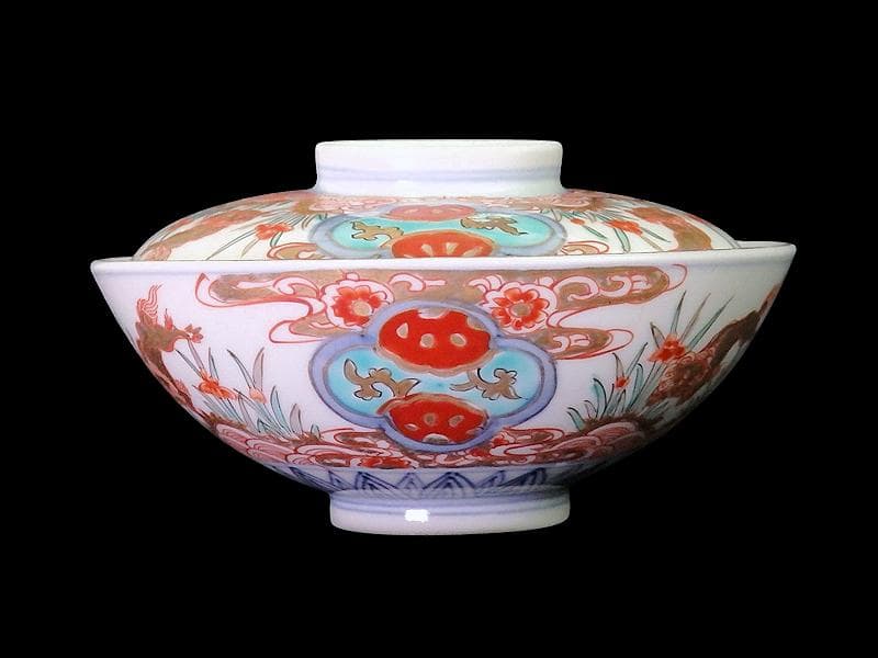 古伊万里　金襴手　青海波に菖蒲　獅子の図　蓋茶碗　E808AS-DCp