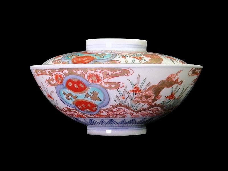 古伊万里　金襴手　青海波に菖蒲　獅子の図　蓋茶碗　E808AS-DCp