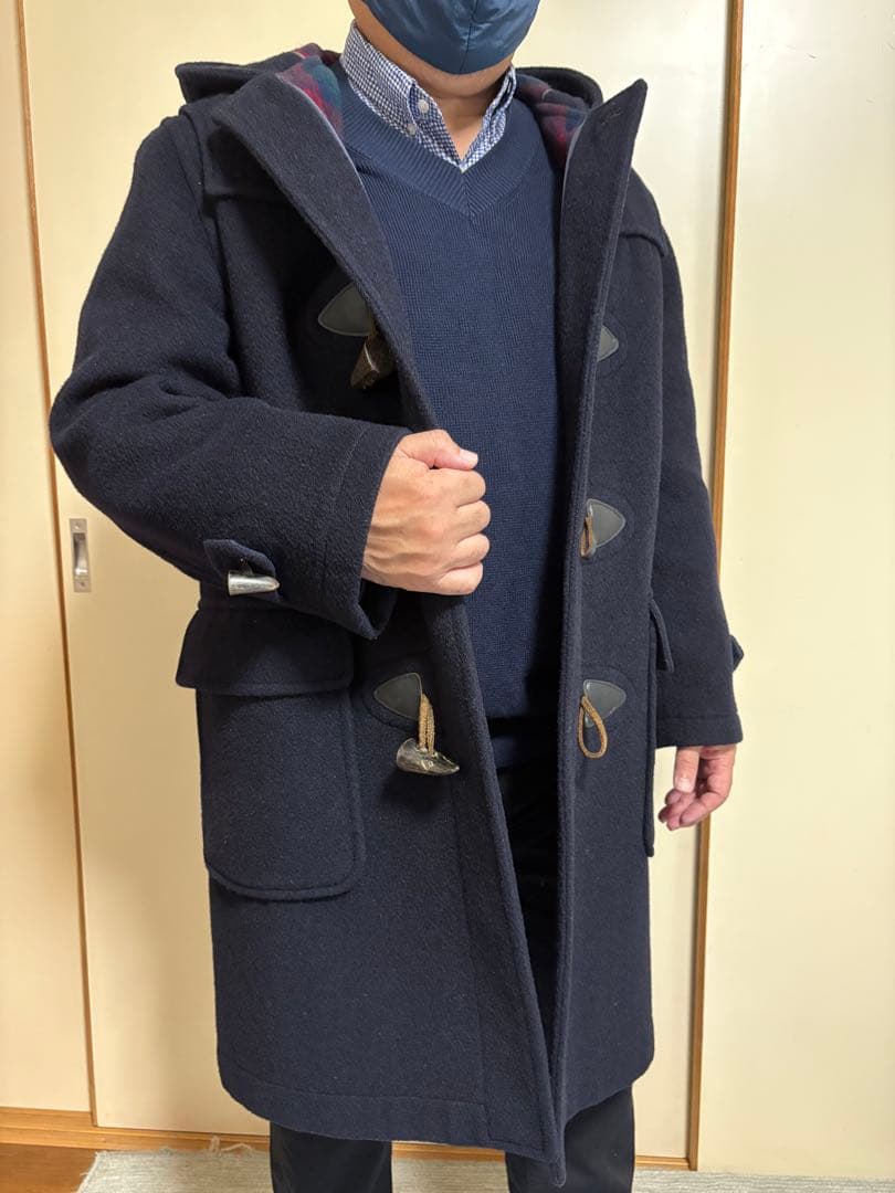 J.PRESS製ダッフルコート、ネイビー厚手メルトンチェック柄裏地付きサイズL。