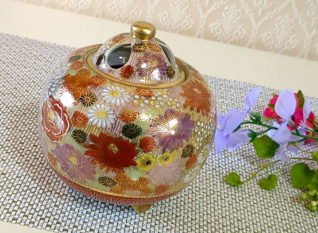 九谷焼　香炉　金彩花詰　志保作　未使用美品✨️