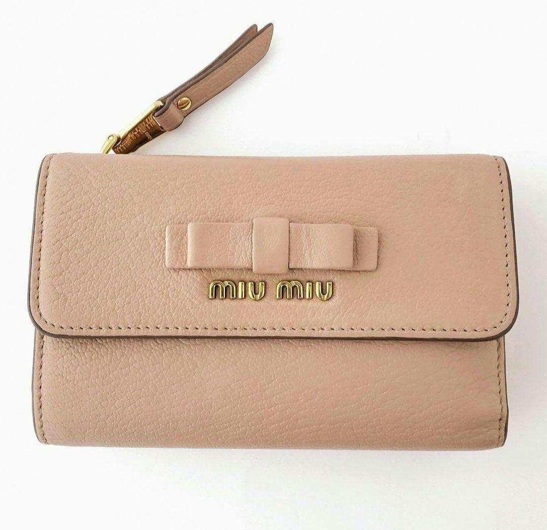 miu miu　3つ折り財布　マドラス　リボン　ピンクベージュ　ミュウミュウ