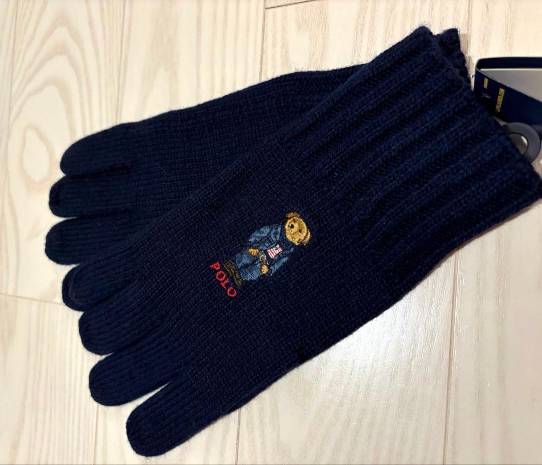 ポロベア刺繍 ニット手袋 ネイビー　ラルフローレン