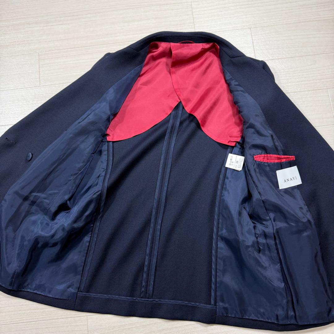 アナイ ネイビー ウールオックス ダブルブレスト ジャケット シェルボタン 38
