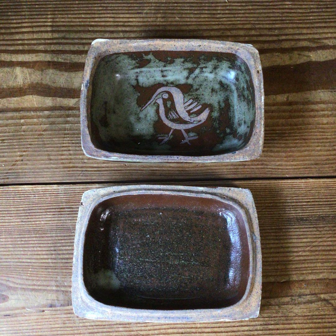 No4081鉄釉　蓋内鳥文　蓋物　合子　小物入れ　陶磁器　民藝　古美術　送料無料