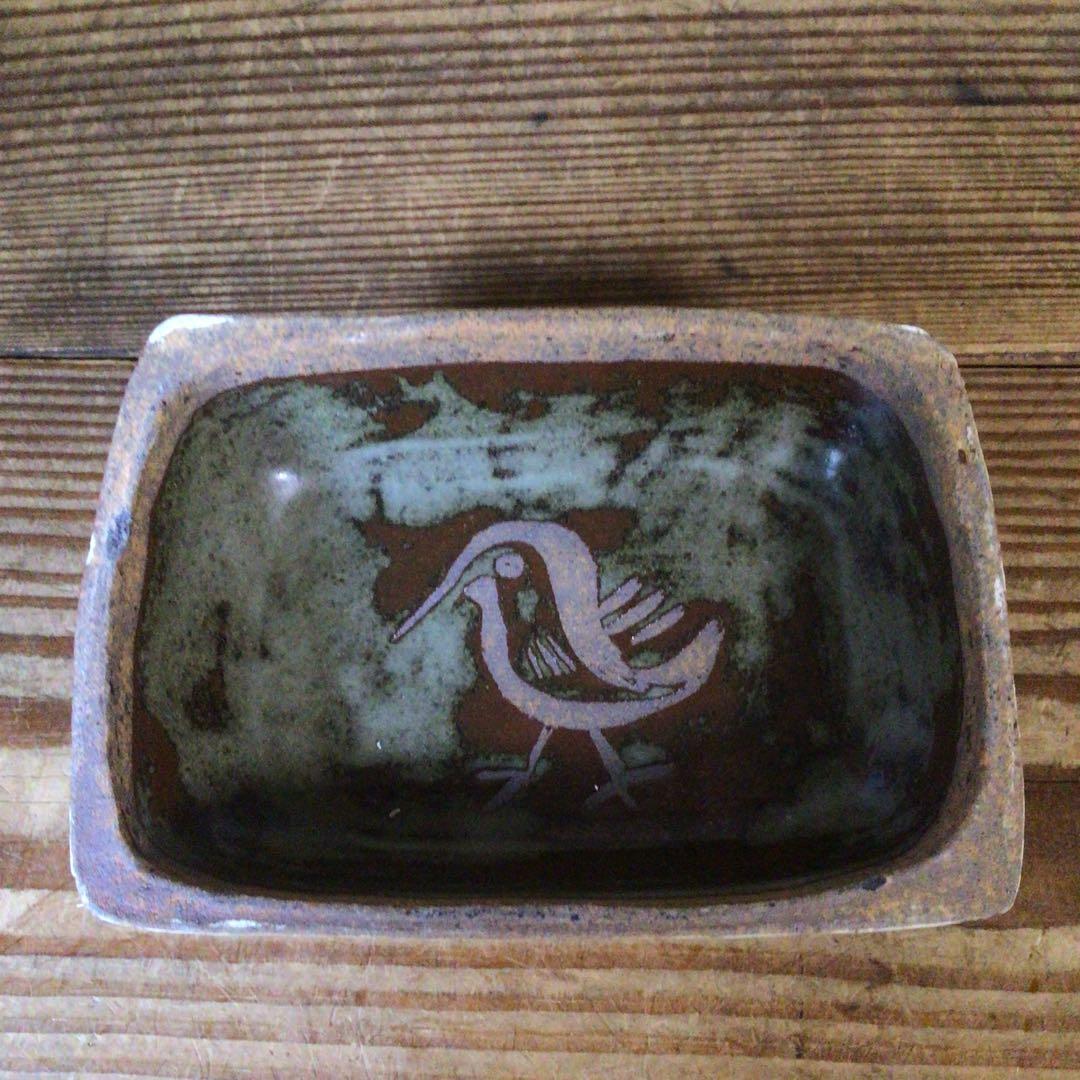 No4081鉄釉　蓋内鳥文　蓋物　合子　小物入れ　陶磁器　民藝　古美術　送料無料